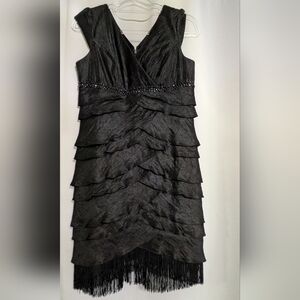 Jessica Howard Sheen Black Fabric Dress With Layers, Beads And Fringe Detai. 10P